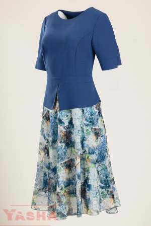 Елегантна рокля-сако с принт и шифон в синьо или горчица