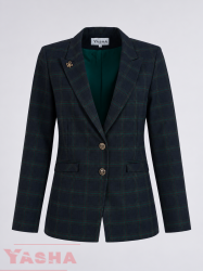 Elegant women's navy checked blazer with lapels and metal buttons – YASHA