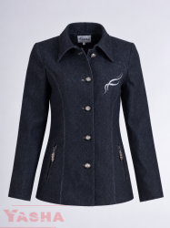 YASHA navy longline denim blazer with a collar, five buttons, pale embroidery and zip pockets, front view