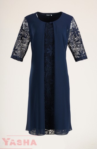 Официална рокля с дантела и шифон в тъмно синьо