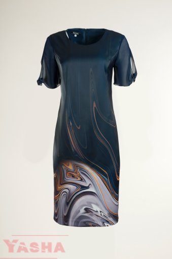 Елегантна рокля принт във сиво и синьо със шифонен ръкав