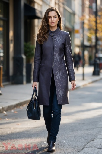 Art Line Long Coat – All Over Splashes in Purple with Solid Color