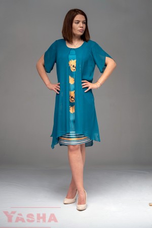 Елегантна принт рокля с шифон в петрол "Inspired by ART" collection