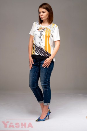 Спортно - елегантна блуза с принт с горчица или корал