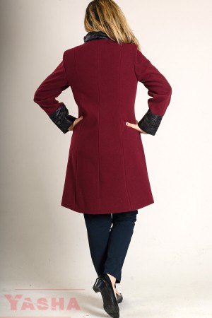 Дамско Палто в бордо с кожени елементи