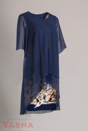 Елегантна принт рокля с шифон в синьо Inspired by ART" collection