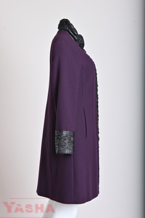 Дамско Палто в Лилаво с кожени елементи
