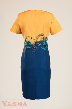 Елегантна принт рокля в тъмно синьо и горчица "Inspired by ART" collection
