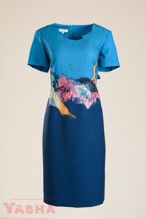 Елегантна принт рокля в тъмно синьо и синьо "Inspired by ART" collection