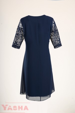 Официална рокля с дантела и шифон в тъмно синьо