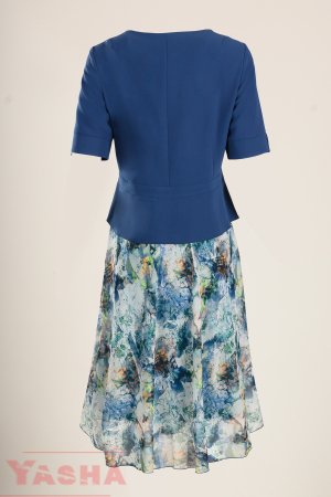Елегантна рокля-сако с принт и шифон в синьо