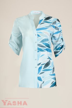 Елегантна риза двуцветна -светло синьо и листа