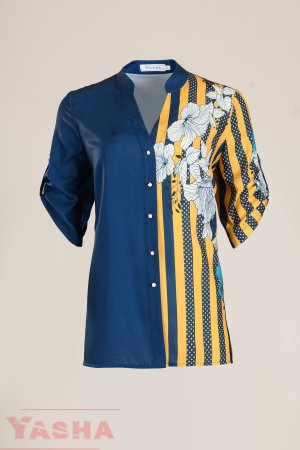 Елегантна риза двуцветна -горчица и синьо