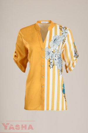Елегантна риза двуцветна -горчица и бяло