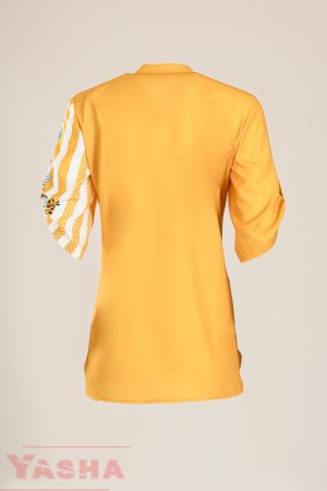 Елегантна риза двуцветна -горчица и бяло