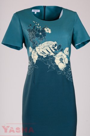 Костюм в цвят петрол и тъмно синьо с флорални светли мотиви по роклята "Inspired by ART" collection