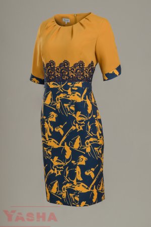 Елегантна принт рокля в горчица и тъмно синьо и дантела  "Inspired by ART" collection