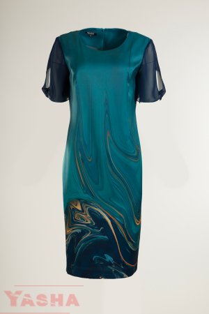 Елегантна рокля принт в петрол и синьо със шифонен ръкав