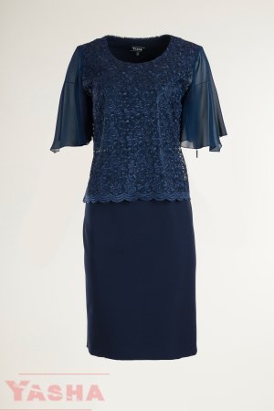 Елегантна рокля с дантелена във синьо и шифонен ръкав