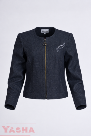 Embroidery detail on the navy denim jacket by YASHA