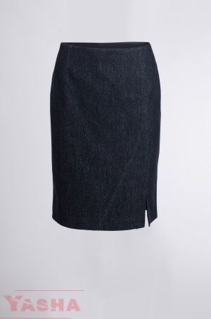 Front slit on the straight navy denim skirt by YASHA