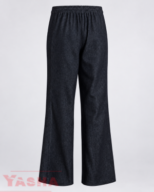 Back view of purple denim trousers showing the elasticated waistband