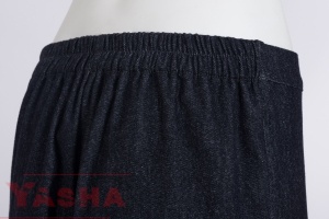Back view of purple denim trousers showing the elasticated waistband