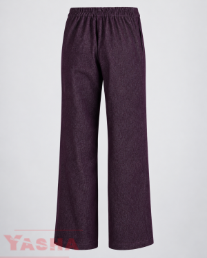 Back view of purple denim trousers showing the elasticated waistband