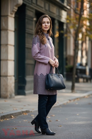 Art Line Long Coat – Herringbone Purple with Dark Blue