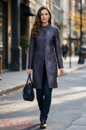 Art Line Long Coat – All Over Splashes in Purple with Solid Color