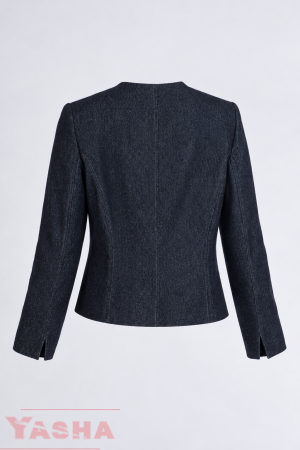 Back view of a dark blue YASHA denim blazer with shaping seams and small slits at the ends of the long sleeves.