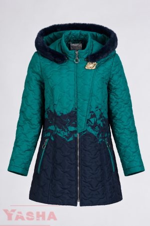 YASHA women's petrol and navy quilted coat with a hood, decorative quilting and zip pockets, front view