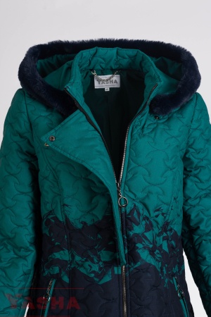 Petrol and navy quilted coat shown from the front with the zip partly open and the lining visible