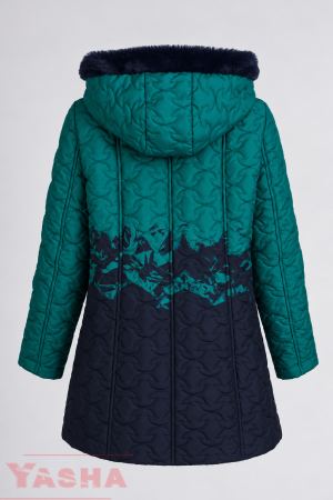 Back of a YASHA petrol quilted coat with a navy lower section and a hood with dark fluffy trim
