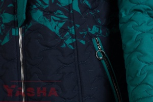 YASHA women's petrol and navy hooded quilted coat zipped closed, front view